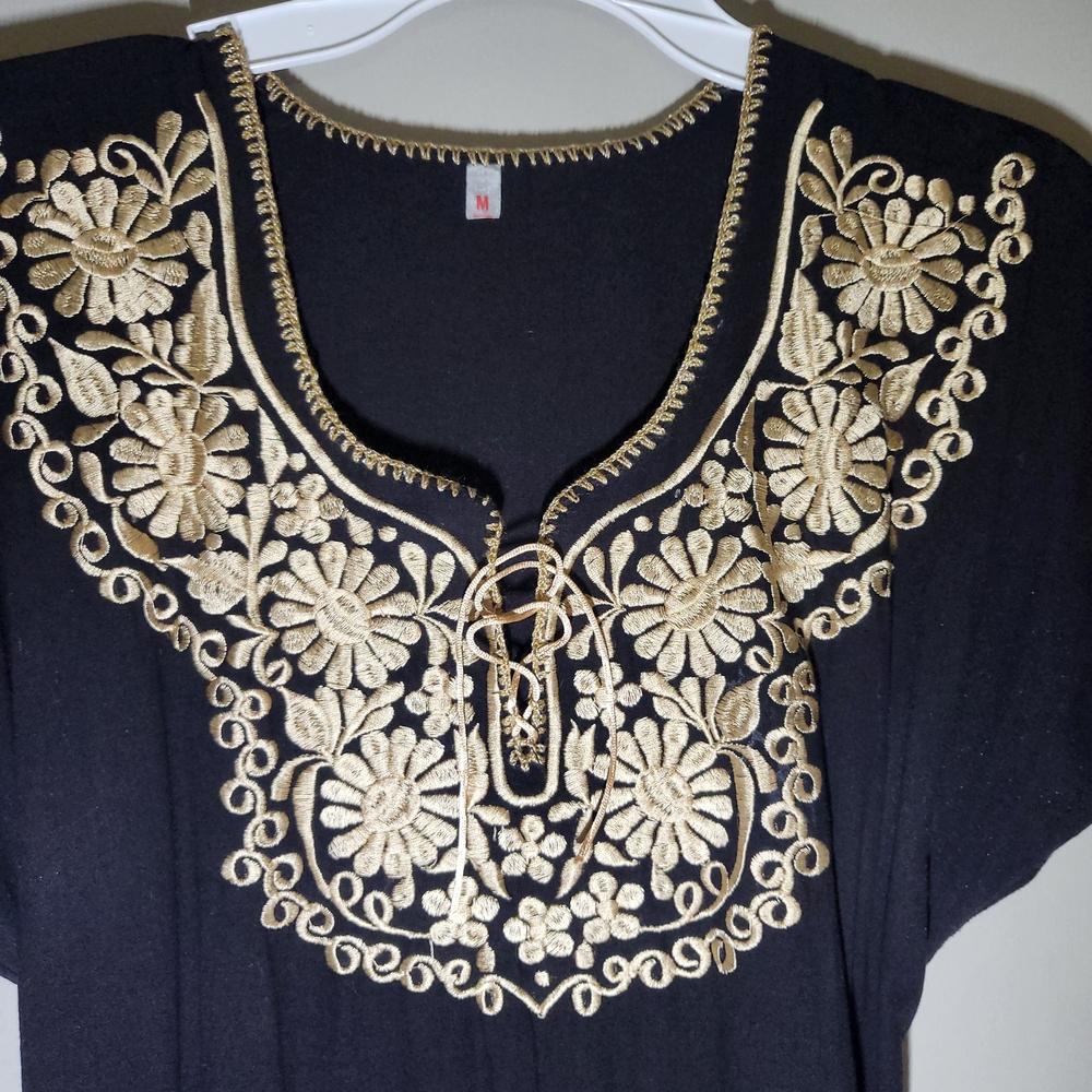 Mexican Elegant Black and Gold Embroidered Midi Dress - Picture 7 of 15